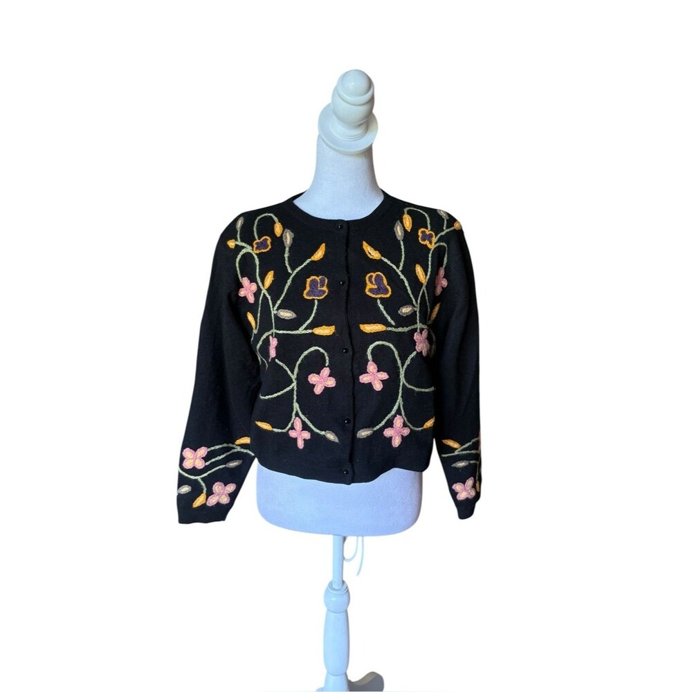 I Did It Mathew H Vtg 80s Lambswool Angora Embroidered Black Cardigan Women Med
